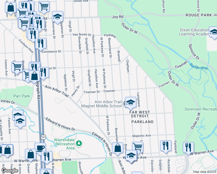 map of restaurants, bars, coffee shops, grocery stores, and more near 8024 West Parkway Street in Redford Charter Township