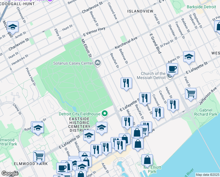 map of restaurants, bars, coffee shops, grocery stores, and more near 1320 Mount Elliott Street in Detroit