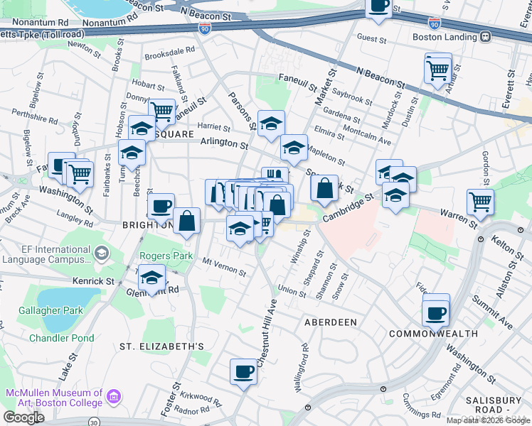 map of restaurants, bars, coffee shops, grocery stores, and more near 385 Washington Street in Boston