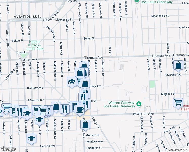 map of restaurants, bars, coffee shops, grocery stores, and more near 7725 Indiana Street in Dearborn