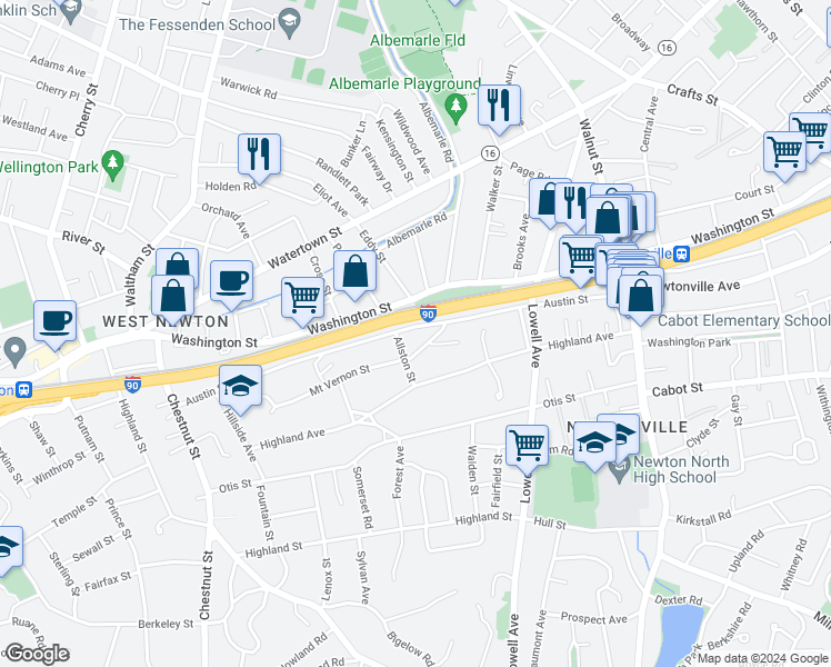 map of restaurants, bars, coffee shops, grocery stores, and more near 184 Austin Street in Newton