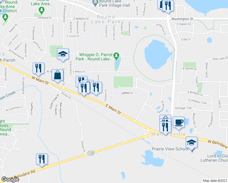 map of restaurants, bars, coffee shops, grocery stores, and more near 364 Holiday Lane in Hainesville
