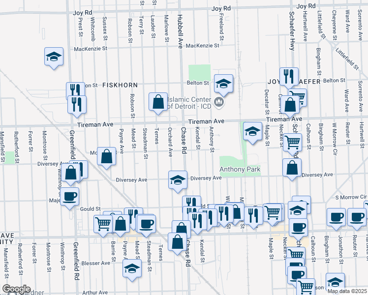map of restaurants, bars, coffee shops, grocery stores, and more near 7811 Chase Road in Dearborn
