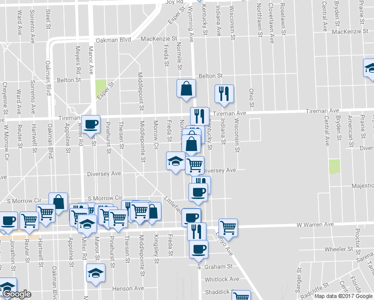 map of restaurants, bars, coffee shops, grocery stores, and more near 7732 Normile Street in Dearborn