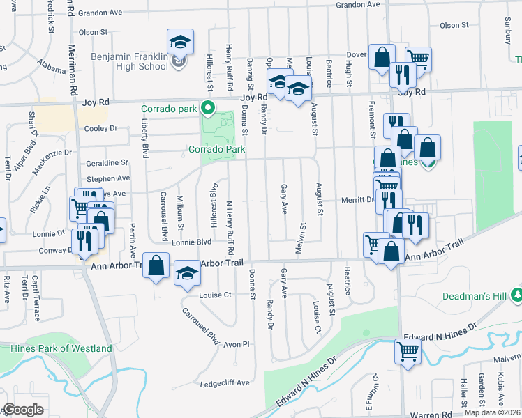 map of restaurants, bars, coffee shops, grocery stores, and more near 8205 Randy Drive in Westland