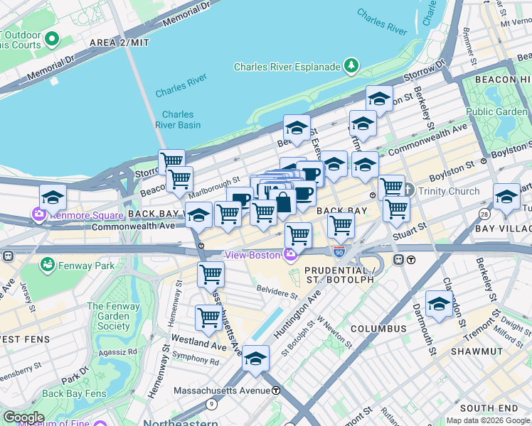 map of restaurants, bars, coffee shops, grocery stores, and more near 33 Gloucester Street in Boston