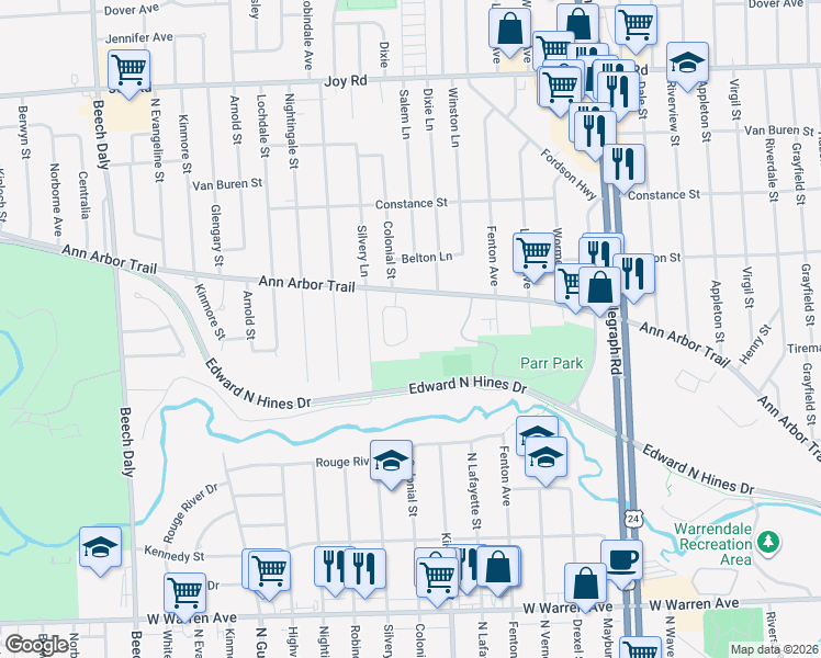 map of restaurants, bars, coffee shops, grocery stores, and more near 24579 Ann Arbor Trail in Dearborn Heights