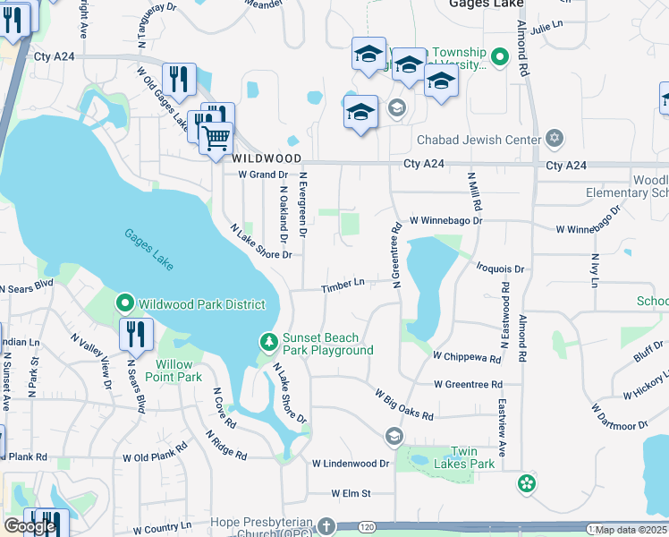 map of restaurants, bars, coffee shops, grocery stores, and more near 33495 North Lone Rock Road in Grayslake