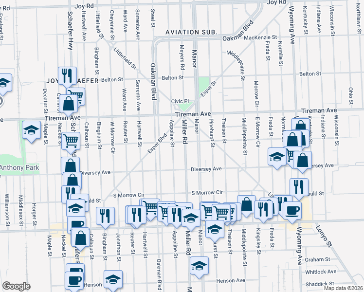 map of restaurants, bars, coffee shops, grocery stores, and more near 7747 Miller Road in Dearborn