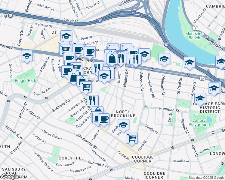 map of restaurants, bars, coffee shops, grocery stores, and more near 168 Coolidge Street in Brookline
