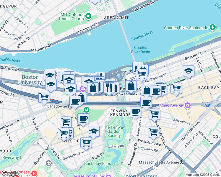 map of restaurants, bars, coffee shops, grocery stores, and more near 483 Commonwealth Avenue in Boston