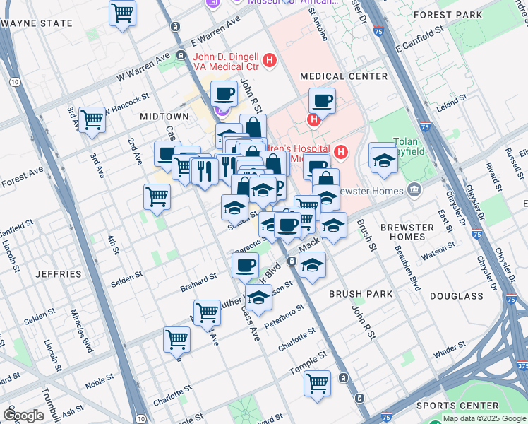 map of restaurants, bars, coffee shops, grocery stores, and more near 3771 Woodward Avenue in Detroit