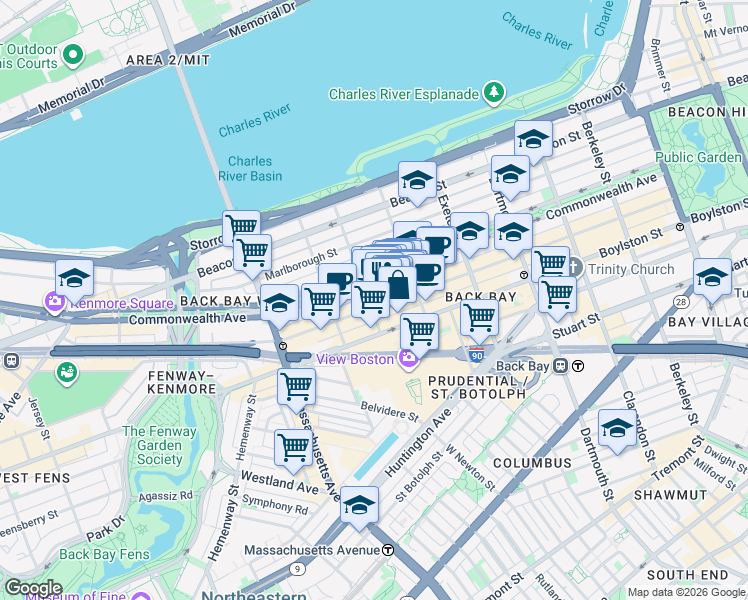 map of restaurants, bars, coffee shops, grocery stores, and more near in Boston