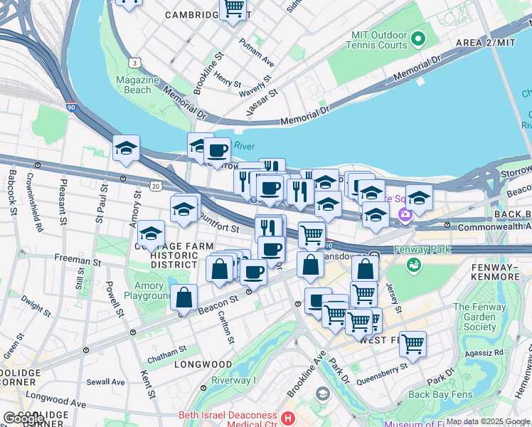 map of restaurants, bars, coffee shops, grocery stores, and more near 722 Commonwealth Avenue in Boston