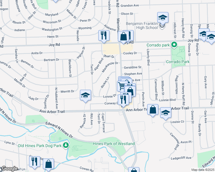 map of restaurants, bars, coffee shops, grocery stores, and more near 8305 Roselawn Street in Westland