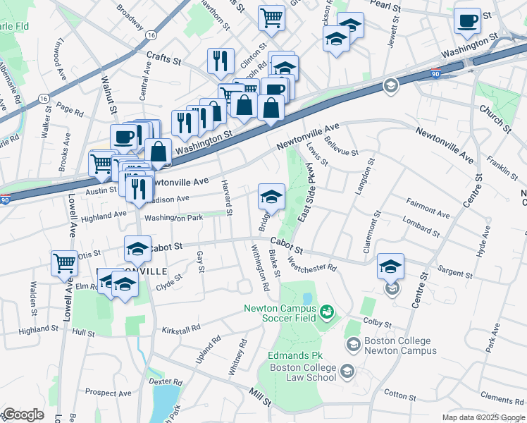 map of restaurants, bars, coffee shops, grocery stores, and more near 31 Bridges Avenue in Newton
