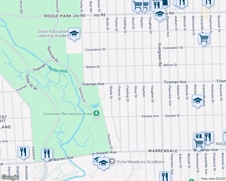 map of restaurants, bars, coffee shops, grocery stores, and more near 7794 Braile Street in Detroit