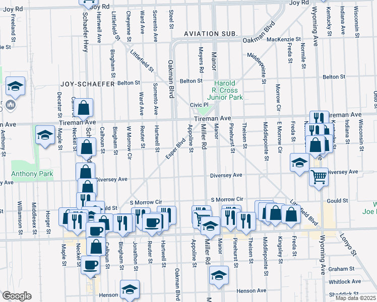 map of restaurants, bars, coffee shops, grocery stores, and more near in Dearborn