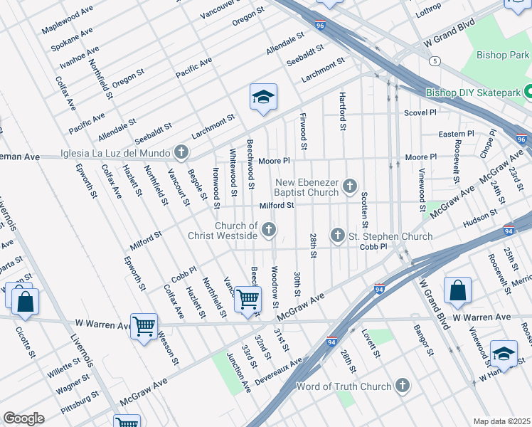 map of restaurants, bars, coffee shops, grocery stores, and more near 6107 Woodrow Street in Detroit