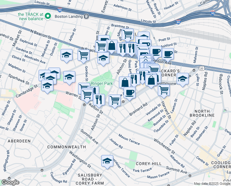 map of restaurants, bars, coffee shops, grocery stores, and more near 28 Long Avenue in Boston