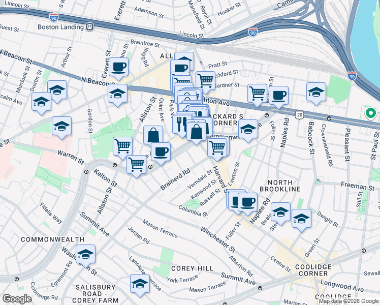 map of restaurants, bars, coffee shops, grocery stores, and more near 1254 Commonwealth Avenue in Boston