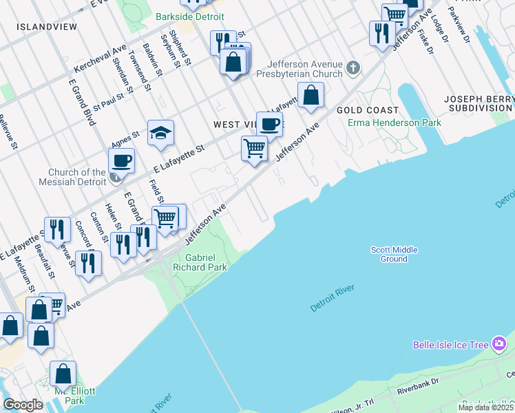 map of restaurants, bars, coffee shops, grocery stores, and more near 7800 East Jefferson Avenue in Detroit