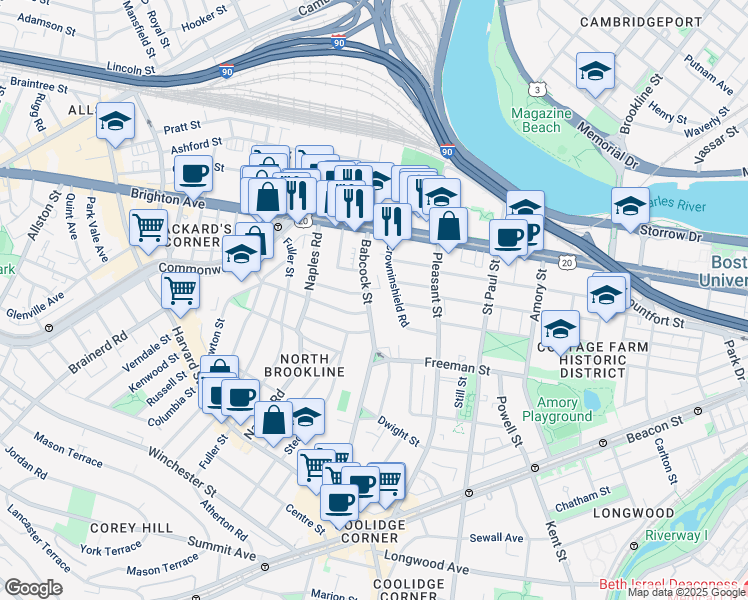 map of restaurants, bars, coffee shops, grocery stores, and more near 187 Babcock Street in Brookline
