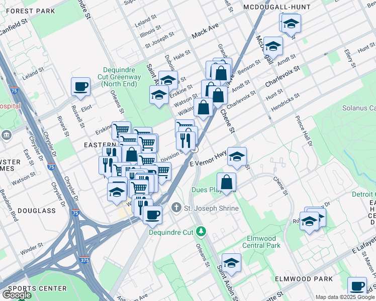 map of restaurants, bars, coffee shops, grocery stores, and more near in Detroit