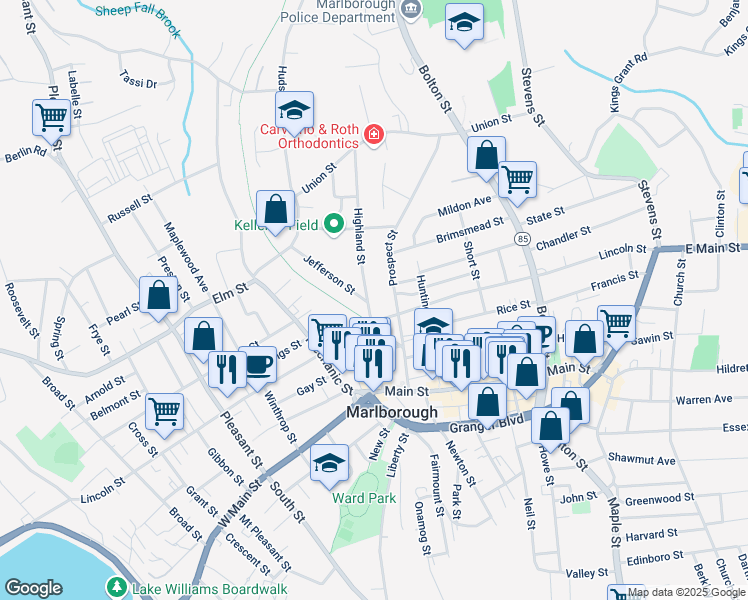 map of restaurants, bars, coffee shops, grocery stores, and more near 21 Highland Street in Marlborough