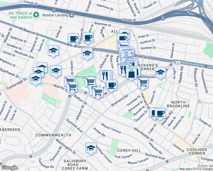 map of restaurants, bars, coffee shops, grocery stores, and more near 66 Glenville Avenue in Boston