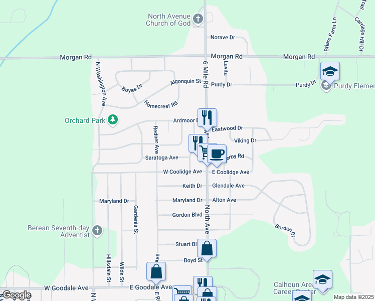 map of restaurants, bars, coffee shops, grocery stores, and more near 883 North Avenue in Battle Creek