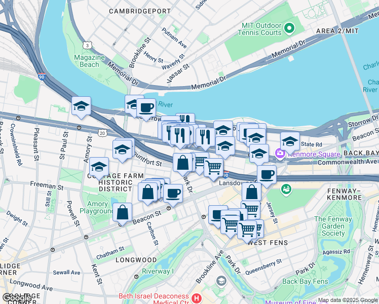 map of restaurants, bars, coffee shops, grocery stores, and more near 728 Commonwealth Avenue in Boston