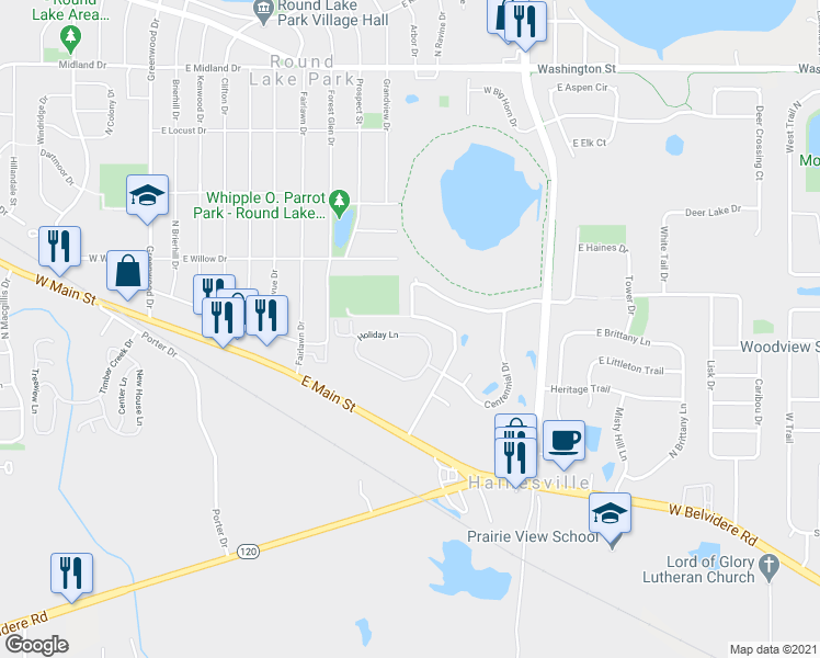 map of restaurants, bars, coffee shops, grocery stores, and more near 545 Holiday Lane in Hainesville