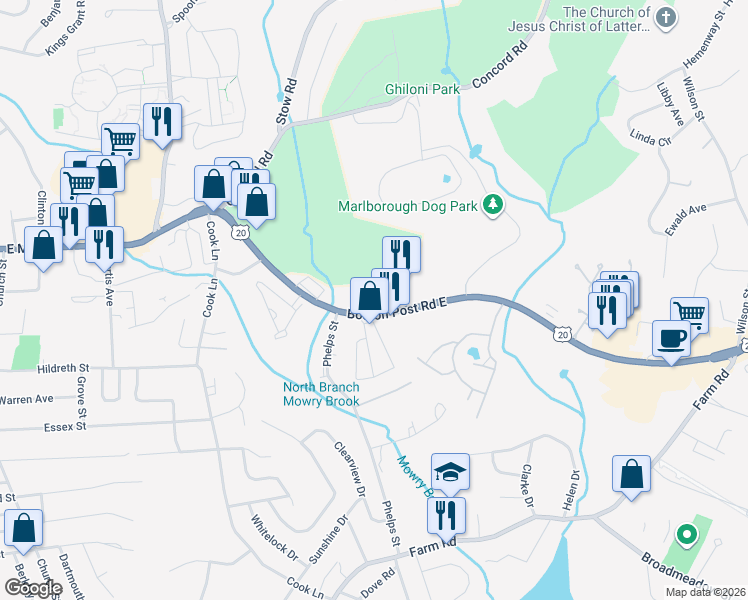 map of restaurants, bars, coffee shops, grocery stores, and more near 178 Boston Post Road East in Marlborough