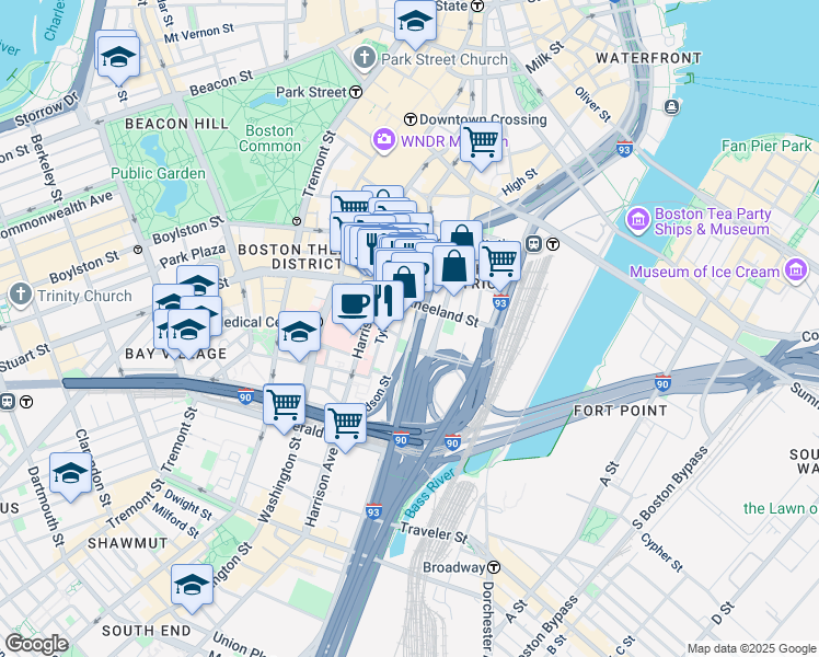 map of restaurants, bars, coffee shops, grocery stores, and more near 99 Kneeland Street in Boston