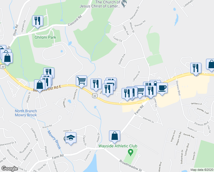 map of restaurants, bars, coffee shops, grocery stores, and more near 103 Westminster Drive in Marlborough