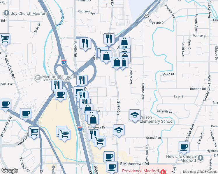 map of restaurants, bars, coffee shops, grocery stores, and more near 2101 Poplar Drive in Medford