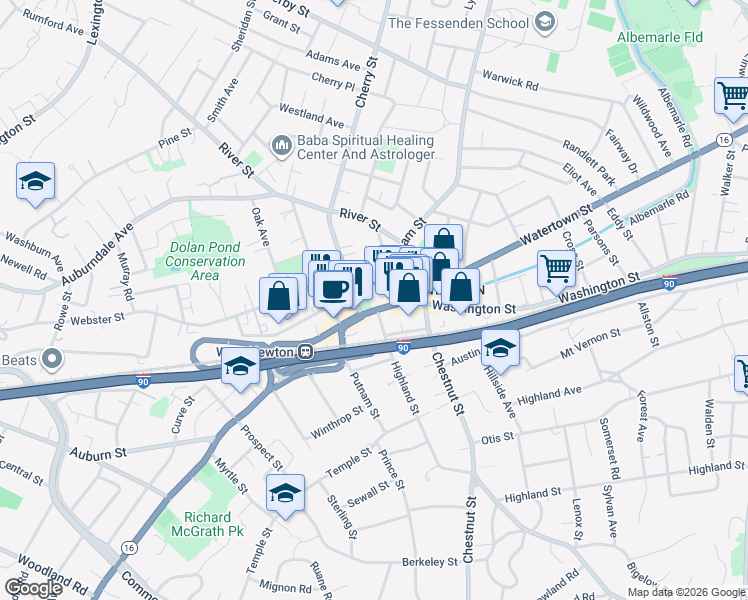 map of restaurants, bars, coffee shops, grocery stores, and more near 1321 Washington Street in Newton