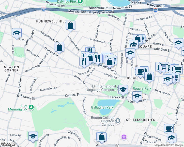map of restaurants, bars, coffee shops, grocery stores, and more near 18 North Crescent Circuit in Boston