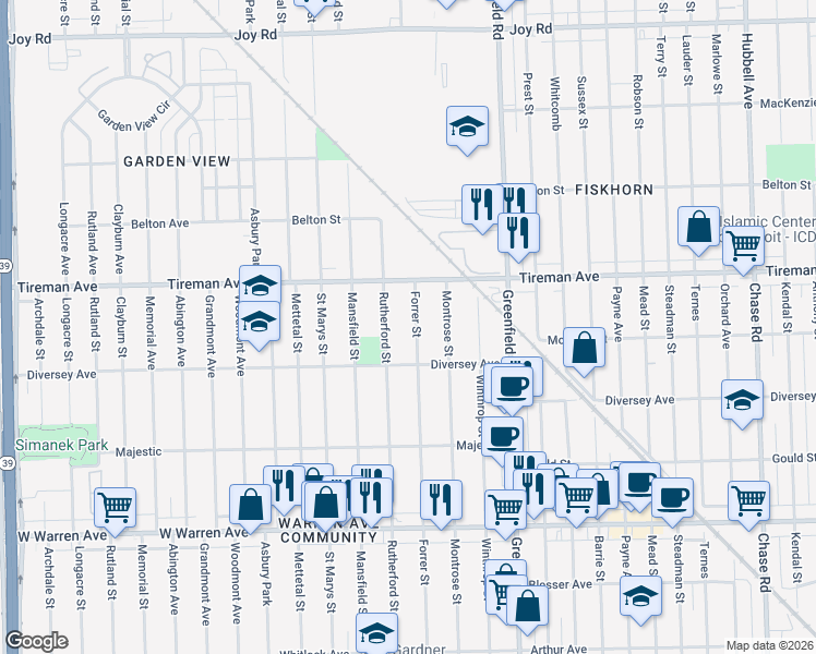 map of restaurants, bars, coffee shops, grocery stores, and more near 7775 Forrer Street in Detroit
