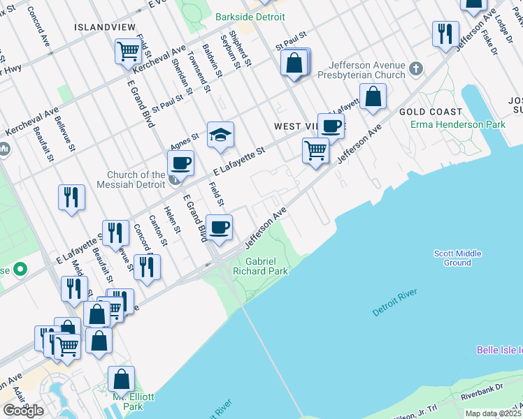 map of restaurants, bars, coffee shops, grocery stores, and more near 7501 East Jefferson Avenue in Detroit