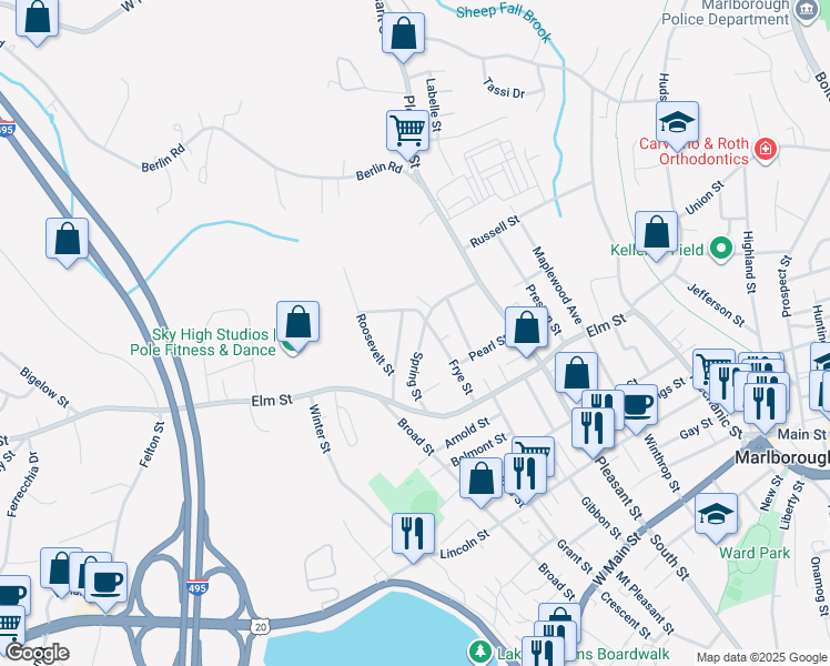 map of restaurants, bars, coffee shops, grocery stores, and more near 77 Spring Street in Marlborough