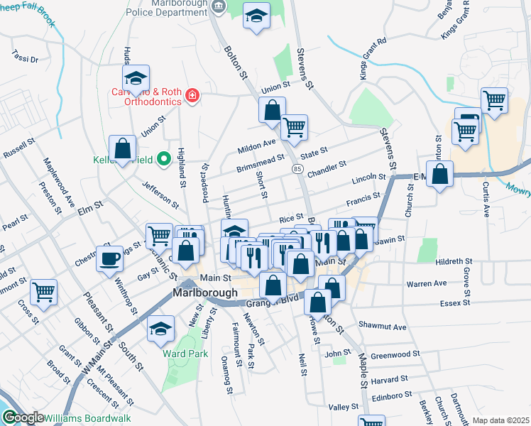 map of restaurants, bars, coffee shops, grocery stores, and more near 12 Short Street in Marlborough