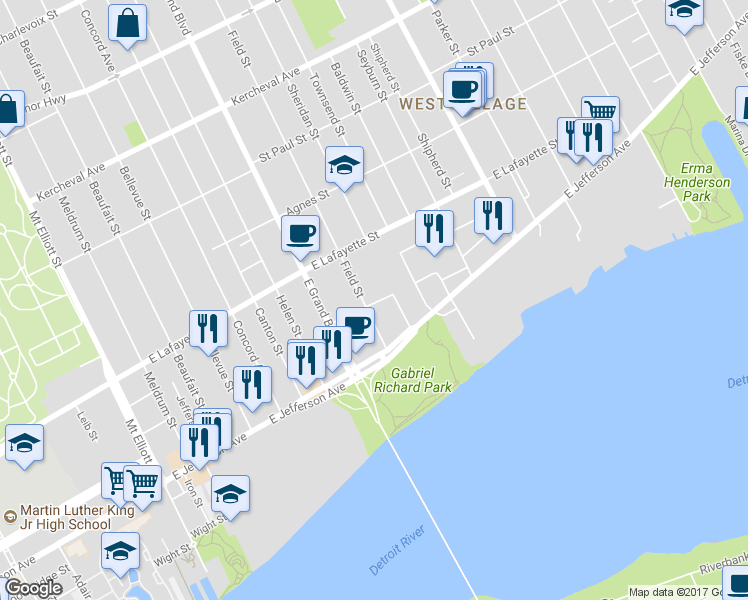 map of restaurants, bars, coffee shops, grocery stores, and more near 602 Field Street in Detroit