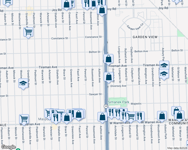 map of restaurants, bars, coffee shops, grocery stores, and more near 7770 Rosemont Avenue in Detroit