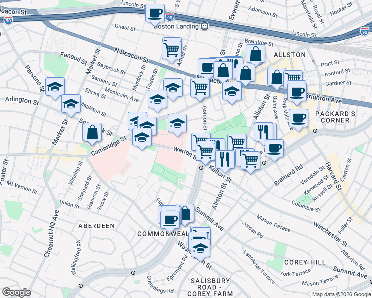 map of restaurants, bars, coffee shops, grocery stores, and more near 98-100 Warren Street in Boston