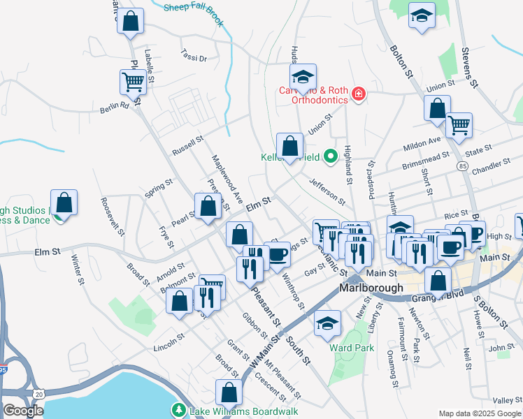 map of restaurants, bars, coffee shops, grocery stores, and more near 52 Norwood Street in Marlborough