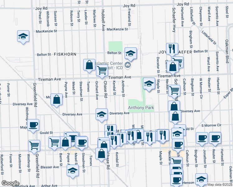 map of restaurants, bars, coffee shops, grocery stores, and more near 7808 Kendal Street in Dearborn
