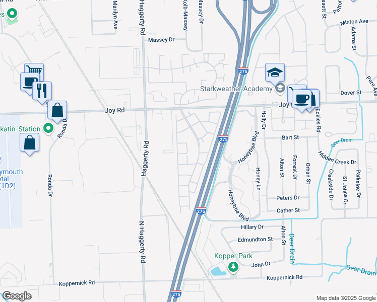 map of restaurants, bars, coffee shops, grocery stores, and more near 8500 Brooke Park Drive in Canton