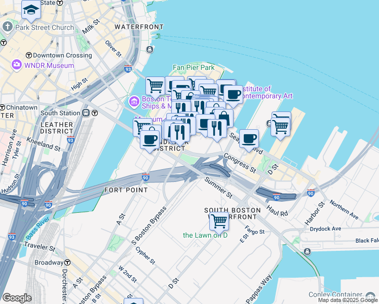 map of restaurants, bars, coffee shops, grocery stores, and more near 400 Congress Street in Boston